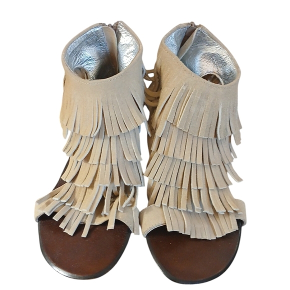 Matiko Tan Fringed Wedge Sandals Suede Open Toe Women's Sandals size 7.5 - Picture 3 of 10